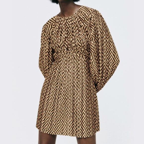 NWT Zara Geometric Printed Brown Pleated Dress - Picture 1 of 8
